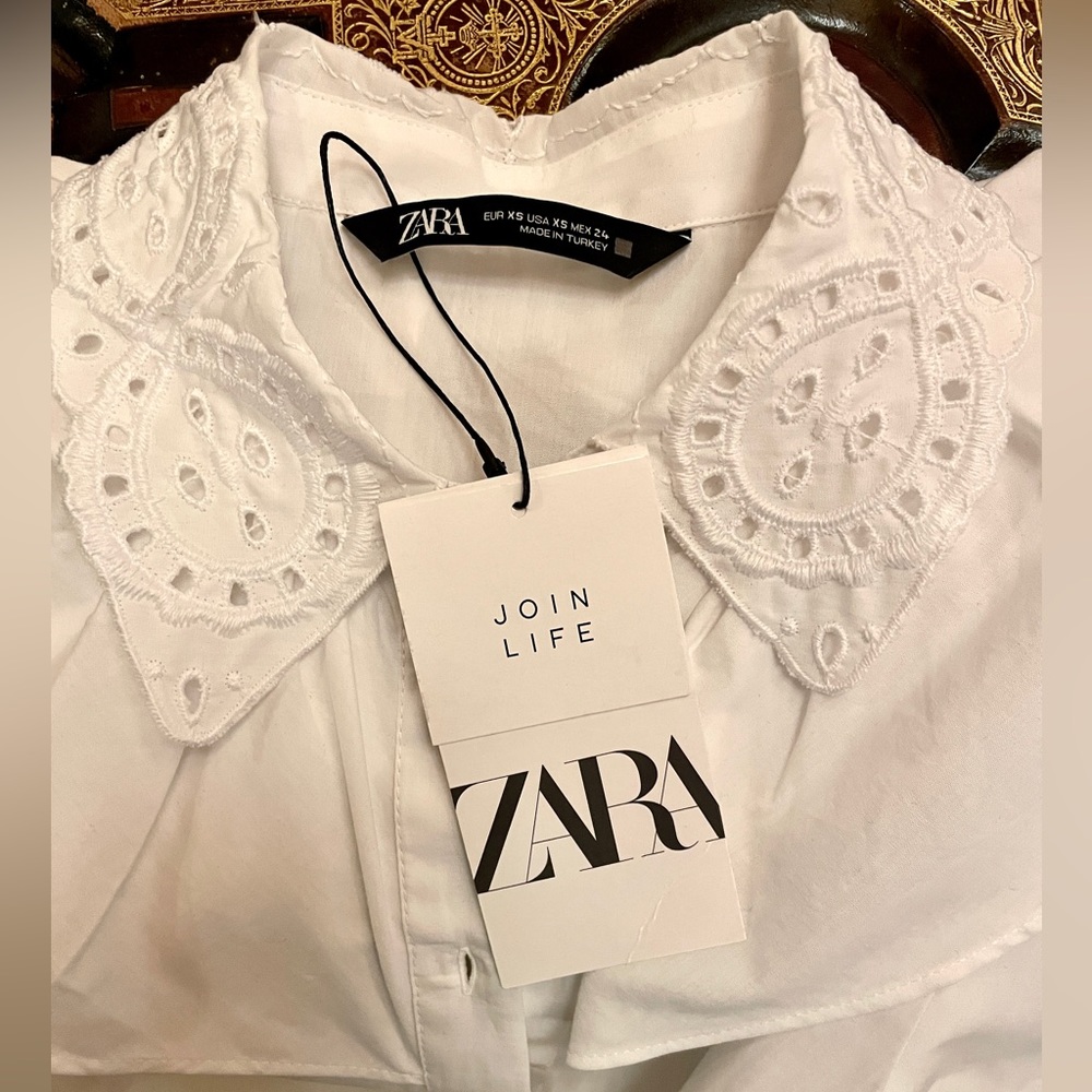 ZARA 100% Eco Cotton - Victorian Ruffle Collar White Blouse - Picture 7 of 8